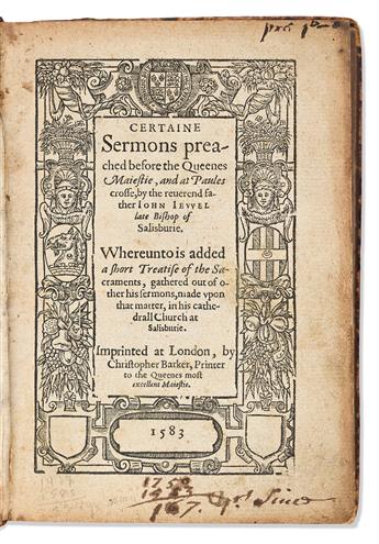 Jewel, John (1522-1571) Certaine Sermons Preached before the Queens Majestie; [bound with] An Exposition upon Two Epistles of the Apost